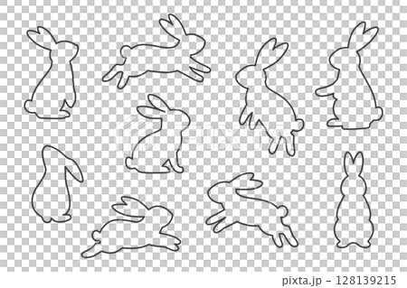 さまざまなポーズのうさぎのアウトラインセット 128139215