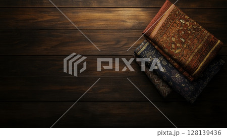 Textiles Display on Dark Wooden Surface with Rich Patterns and Colors Textiles Display on Dark Wooden Surface with Rich Patterns and Colors 128139436