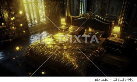 Luxurious bedroom interior with golden decor and shimmering bedding in warm light Luxurious bedroom interior with golden decor and shimmering bedding in warm light 128139446