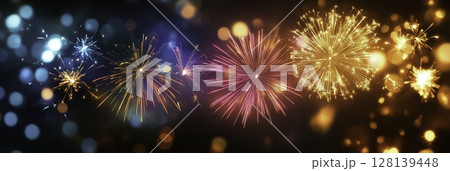 Colorful Fireworks Display with Glittering Bokeh Background for Celebrations 128139448