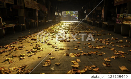 Autumn Leaves on Sunlit Path in Quiet Market Hall with Shadows and Warm Light Autumn Leaves on Sunlit Path in Quiet Market Hall with Shadows and Warm Light 128139449