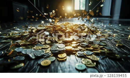 Pile of Shiny Coins Reflecting Light in Dimly Lit Room with Natural Sunlight 128139455