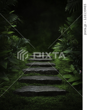 Serene Stone Pathway Through Lush Green Foliage in a Mysterious Forest 128139465