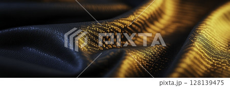 Shimmering Fabric Waves with Golden and Blue Light Reflections for Artistic Backgrounds 128139475