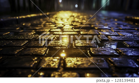 Glowing Cobblestones in Rain with Reflections of Soft Street Lights at Night 128139481