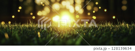 Warm Golden Sunset Over Lush Green Grass with Soft Bokeh Effects and Sunlight 128139634