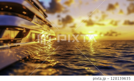 Luxury yacht at sunset on the calm ocean waves with vibrant colors in the sky 128139635