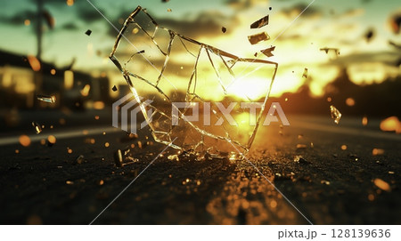 Shattered Glass on Road with Sunset Background Creating a Dramatic Scene 128139636