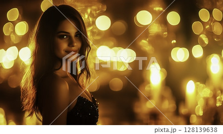 Beautiful woman with long hair in a sparkling dress against warm glowing lights 128139638