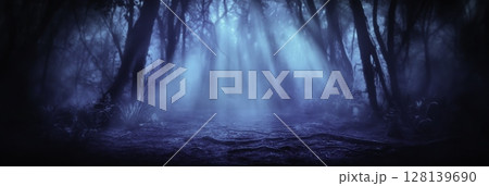 Ethereal Blue Forest with Mist and Rays of Light Illuminating the Dark Space 128139690