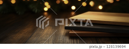 Warm Wooden Planks on Dark Table Surface with Christmas Lights in Background Warm Wooden Planks on Dark Table Surface with Christmas Lights in Background 128139694