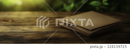 Rustic Brown Paper Sheets on Wooden Table Surrounded by Green Natural Background 128139725