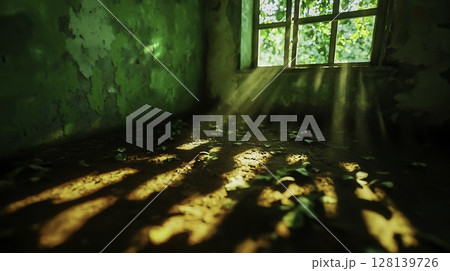 Sunlight Streaming Through Window in Abandoned Room with Green Walls and Leaves 128139726