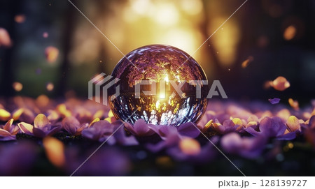 Stunning Crystal Sphere Surrounded by Vibrant Petals at Sunset in a Serene Setting 128139727