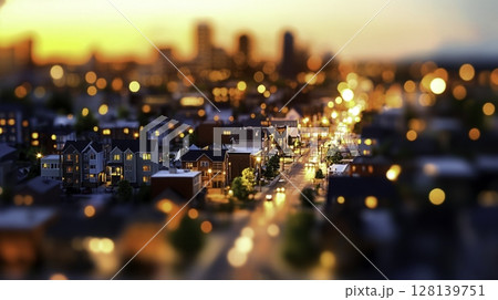 Beautiful Sunset Urban Landscape with Blurred Cityscape and Glowing Street Lights 128139751