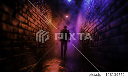 Mysterious Figure Walking in Dark Alley with Colorful Lights and Fog Effect 128139752