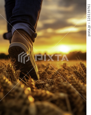 Person Walking Through Golden Wheat Field at Sunset with Vibrant Sky Colors Person Walking Through Golden Wheat Field at Sunset with Vibrant Sky Colors 128139761