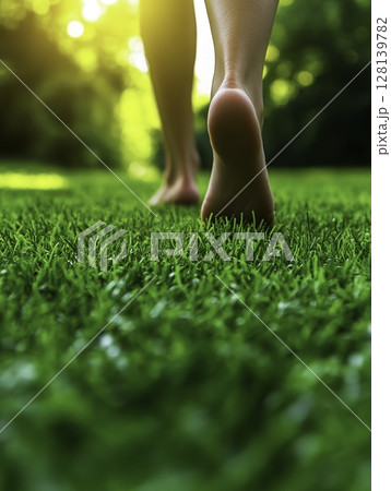 Barefoot Person Walking on Lush Green Grass in a Sunlit Outdoor Environment 128139782