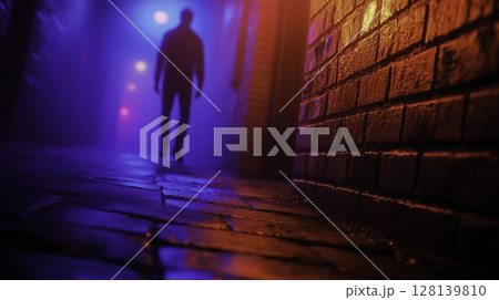 Mysterious Figure Walking in a Foggy Alley with Colorful Neon Lights at Night 128139810
