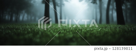 Serene Morning Mist in Forest with Lush Green Grass and Tall Trees in Background 128139811