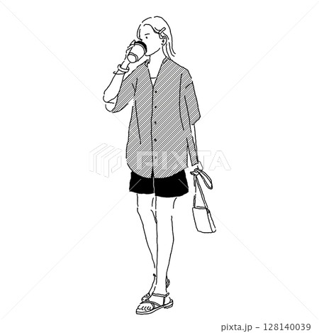 ショートパンツコーデでコーヒーを飲みながら歩く女性の線画イラスト ショートパンツコーデでコーヒーを飲みながら歩く女性の線画イラスト 128140039