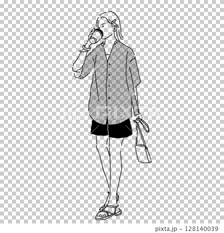 Line drawing of a woman walking while drinking coffee in short pants outfit 128140039
