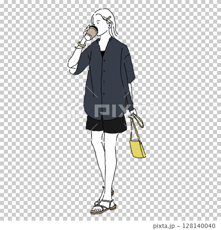 Line drawing of a woman walking while drinking coffee in short pants outfit 128140040
