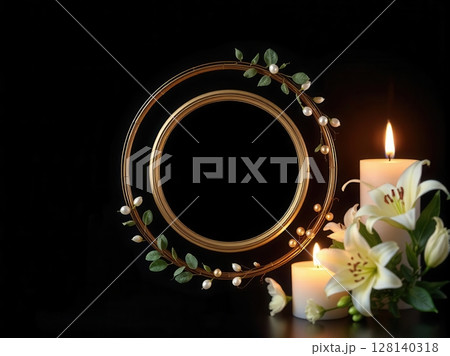 Elegant collection of funeral announcement frames with white lilies, candles, and bokeh lights. 128140318