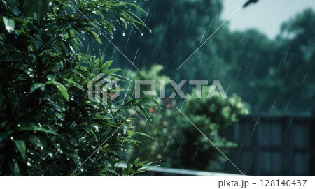 夕立、スコールで木々に落ちる雨粒 夕立、スコールで木々に落ちる雨粒 128140437