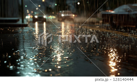 雨が降る夜の道路の光と水たまり 128140444