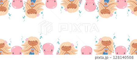 Seamless border with mermaids and octopuses at top and bottom 128140508