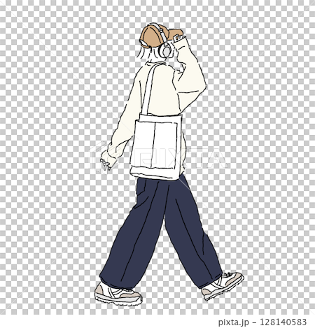 キャップにヘッドフォンでストリートコーデの女性の線画イラスト 128140583