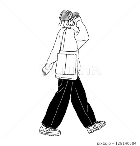 キャップにヘッドフォンでストリートコーデの女性の線画イラスト 128140584