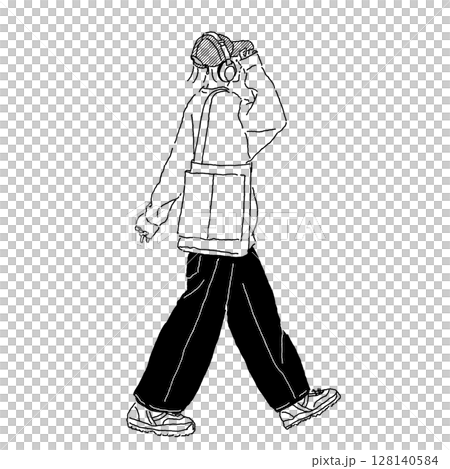 キャップにヘッドフォンでストリートコーデの女性の線画イラスト 128140584