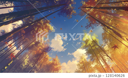 秋の竹林を見上げた時の風景、アニメ風 128140626