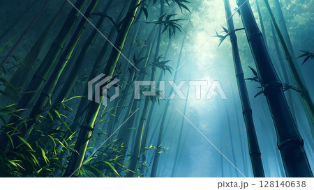 霧の竹林を見上げた時の風景、アニメ風 128140638