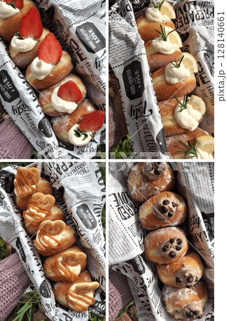 soft donut filled with creamy custard or jam dusted with powdered sugar. soft donut filled with creamy custard or jam dusted with powdered sugar. 128140661