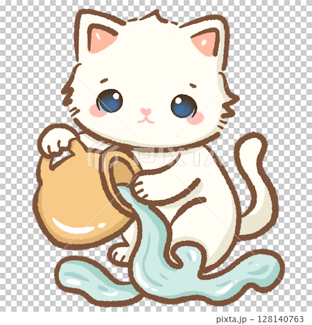 Cute Kawaii Zodiac Cat Clipart with overflown water from a jug Adorable Aquarius Astrology Animal Character Illustration for Kids Stickers Scrapbooking Digital Planners and Horoscope Designs 128140763