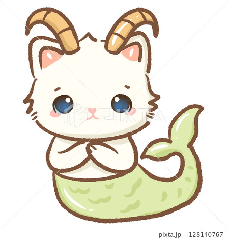 Cute Kawaii Zodiac Cat Clipart with goat horns and a fish tail Adorable Capricorn Astrology Animal Character Illustration for Kids Stickers Scrapbooking Digital Planners and Horoscope Designs 128140767