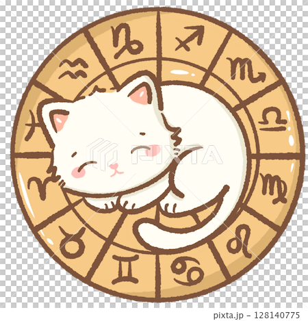 Cute Kawaii Zodiac Cat Clipart Sleeping on Horoscope Circle Adorable Astrology Animal Illustration for Stickers Kids Digital Planners Scrapbooking and Star Sign Designs 128140775