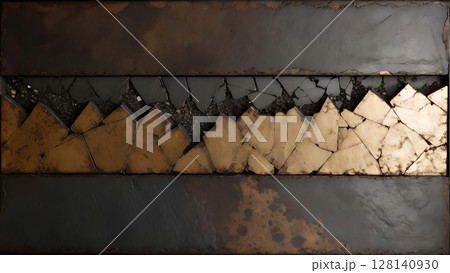 A vertically split metallic slab with jagged cracks and corroded texture 128140930