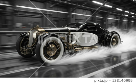A retro style racing car speeding through an industrial garage A retro style racing car speeding through an industrial garage 128140999