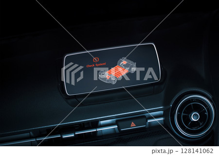 Electric car display, Check System warning on EV battery, automotive diagnostic screen,vehicle issue 128141062