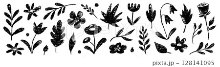 Flower crayon watercolor spring floral set. Hand drawn pastel crayon flower, leaf, plant with chalk texture. Cute nature background for kid, child, garden doodle element design. Vector Flower crayon watercolor spring floral set. Hand drawn pastel crayon flower, leaf, plant with chalk texture. Cute nature background for kid, child, garden doodle element design. Vector 128141095