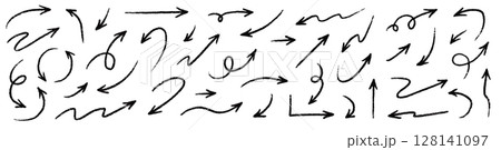Arrow vector line icon set. Hand drawn brush sketch arrow line curve up, down shape chalk texture element set. Abstract grunge scribble chalk crayon style. Vector Arrow vector line icon set. Hand drawn brush sketch arrow line curve up, down shape chalk texture element set. Abstract grunge scribble chalk crayon style. Vector 128141097
