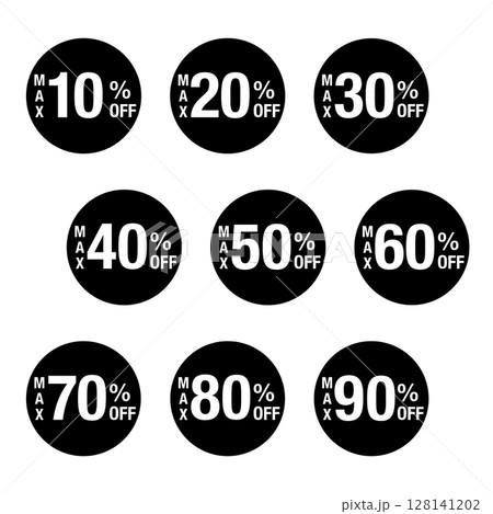 MAX10％OFFからMAX90％OFF までの文字入りイラストのセット　円形に白文字　背景透過　モ 128141202