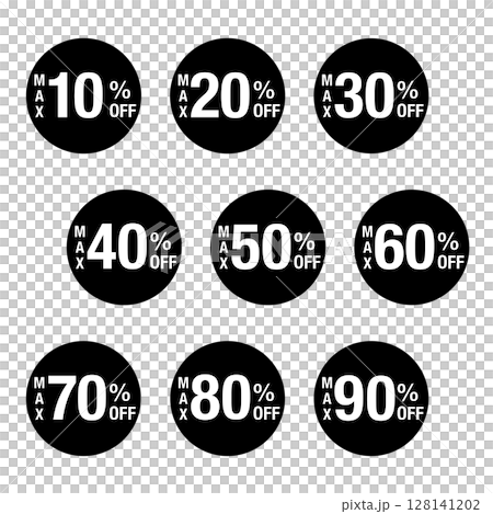 MAX10％OFFからMAX90％OFF までの文字入りイラストのセット　円形に白文字　背景透過　モ 128141202