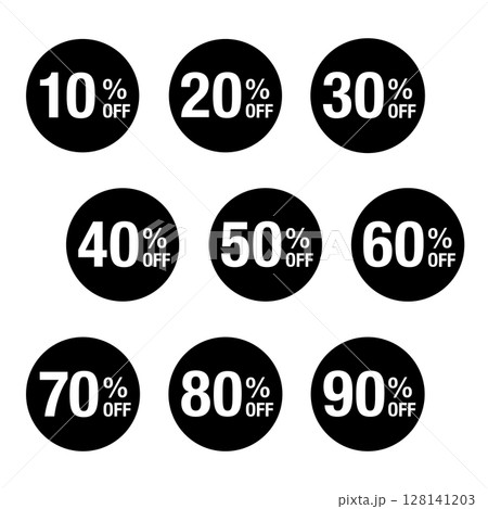10％OFFから90％OFF までの文字入りイラストのセット　円形に白文字　背景透過　モノクロ　 128141203