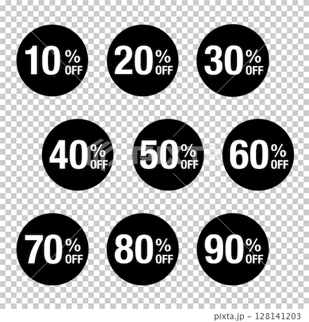 一組插圖,文字從 10% 折扣到 90% 折扣不等。白色文字在一個圓圈內。透明背景。單色。 一組插圖,文字從 10% 折扣到 90% 折扣不等。白色文字在一個圓圈內。透明背景。單色。 128141203