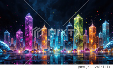 A vibrant cityscape with colorful, crystal like neon-lit skyscrapers A vibrant cityscape with colorful, crystal like neon-lit skyscrapers 128141214